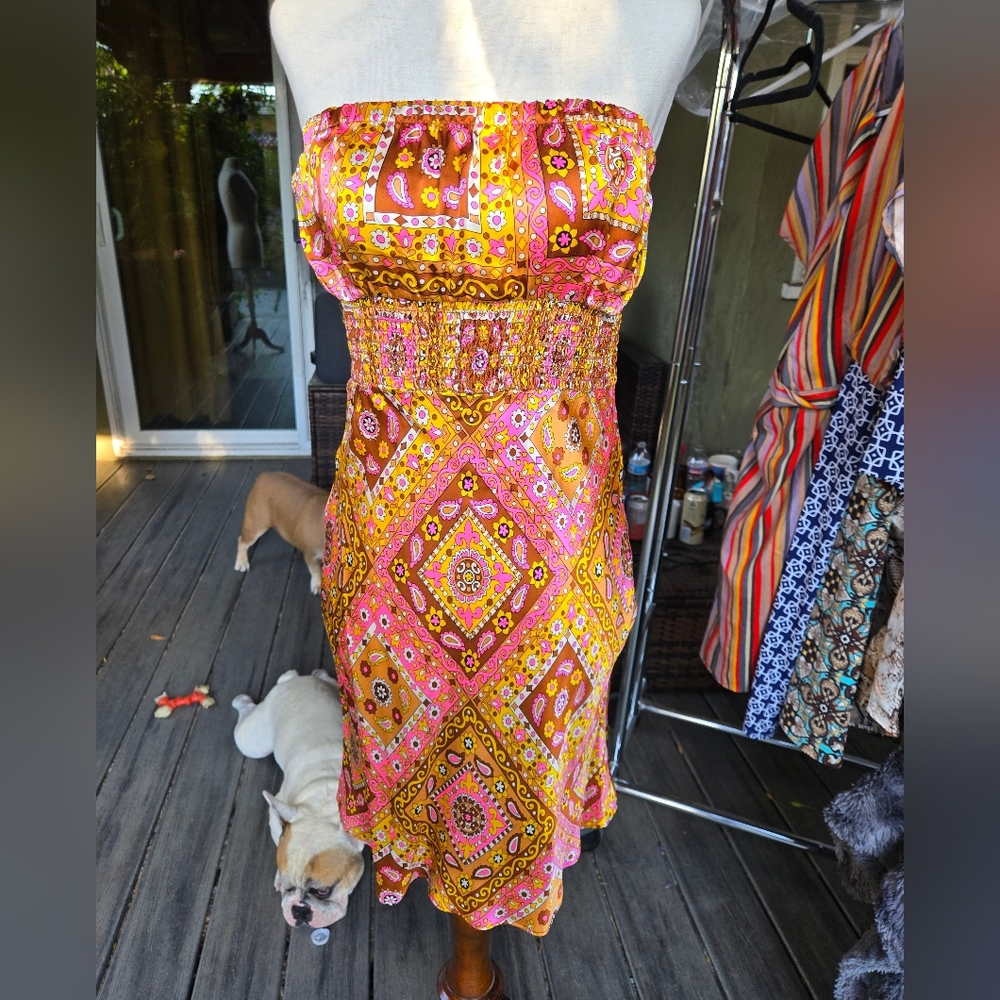 Alice & Trixie 100% Silk Strapless Boho Print Dress SZ S — Made in USA